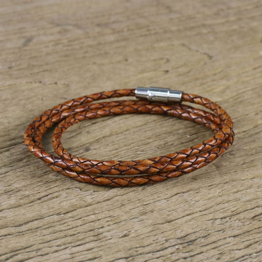 Brown Charm 23 Inch Braided Brown Leather Wrap Bracelet from Thailand