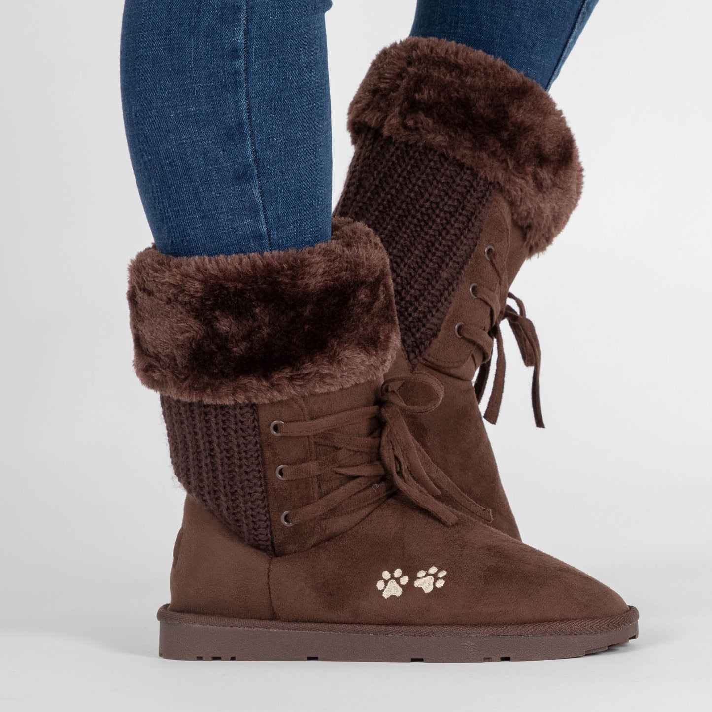 Lace-Up Paw Print Sweater Boots