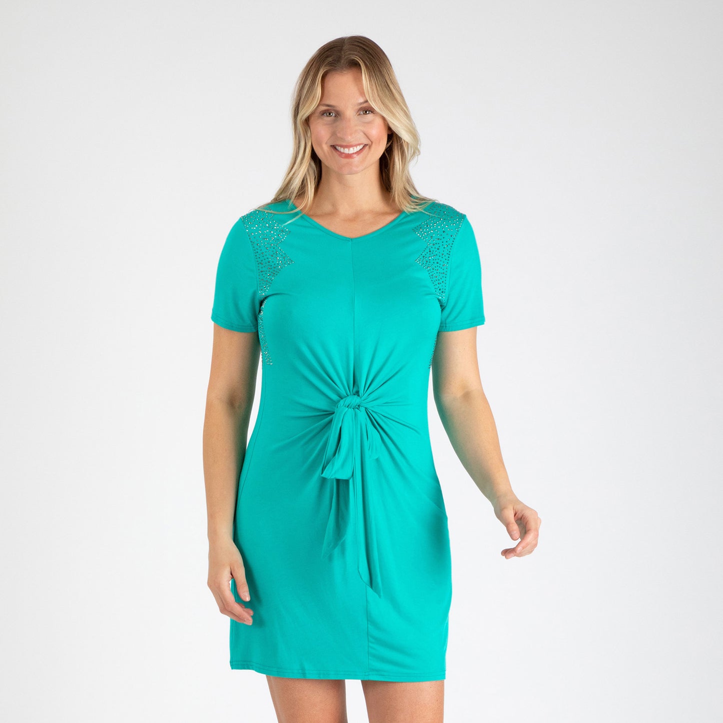 Twist Tie-Front Short Sleeve Dress with Rhinestones