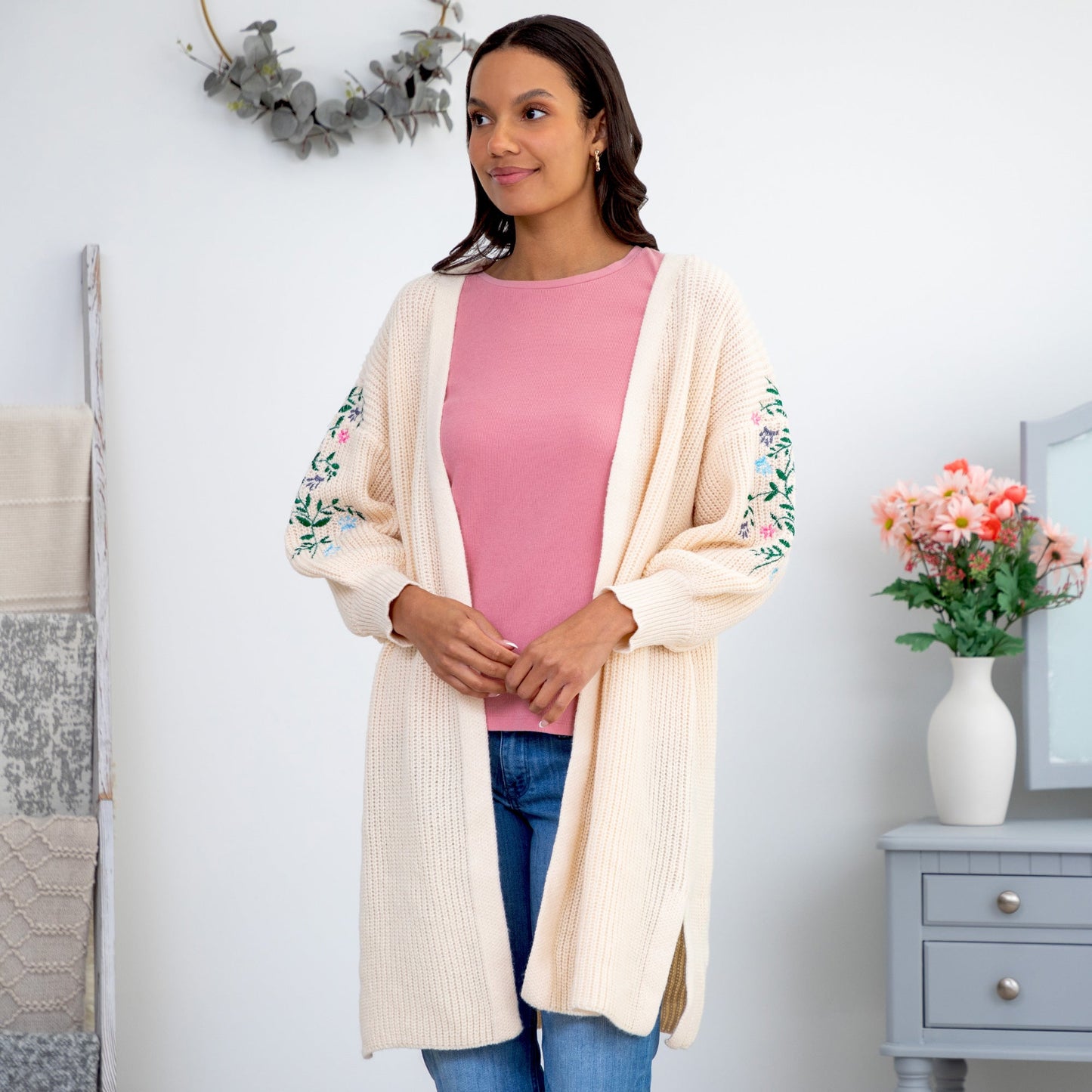 Paw Floral Vine Accented Cardigan