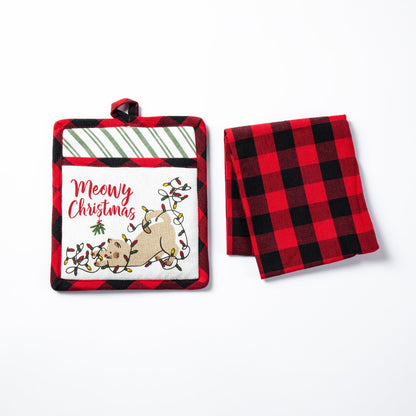 Meowy Christmas Pot Holder & Dish Towel Gift Set