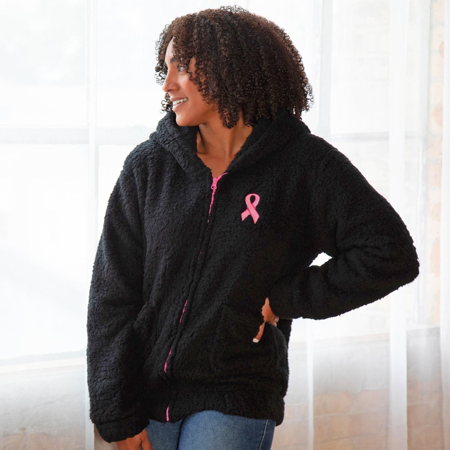 Pink Ribbon Sherpa Fleece Zip Up Hooded Jacket
