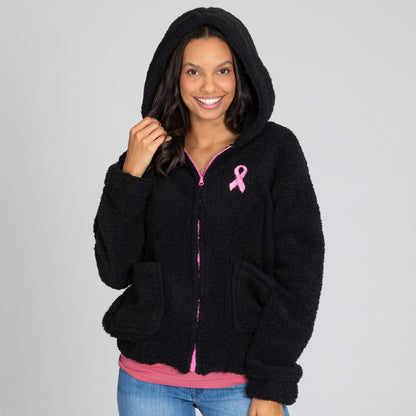 Pink Ribbon Sherpa Fleece Zip Up Hooded Jacket