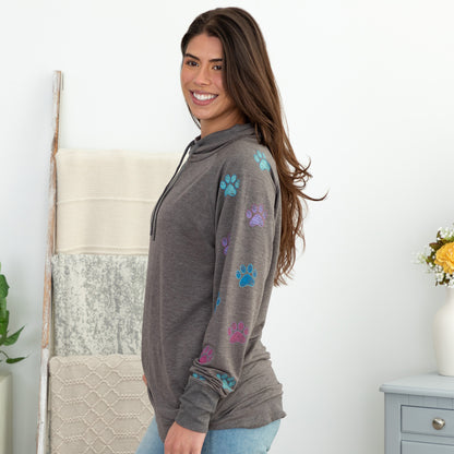 Cowl Neck Paw Print Long Sleeve Top