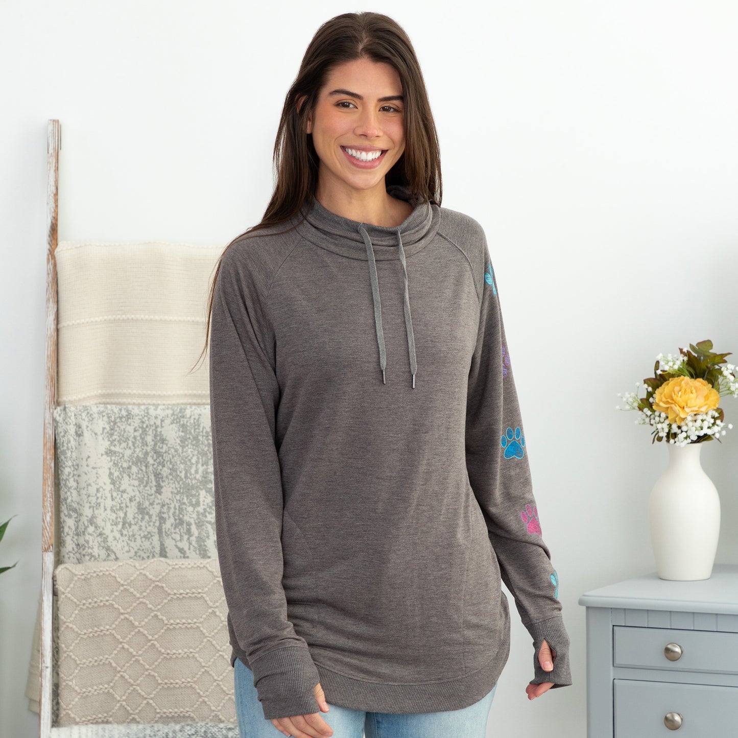 Cowl Neck Paw Print Long Sleeve Top