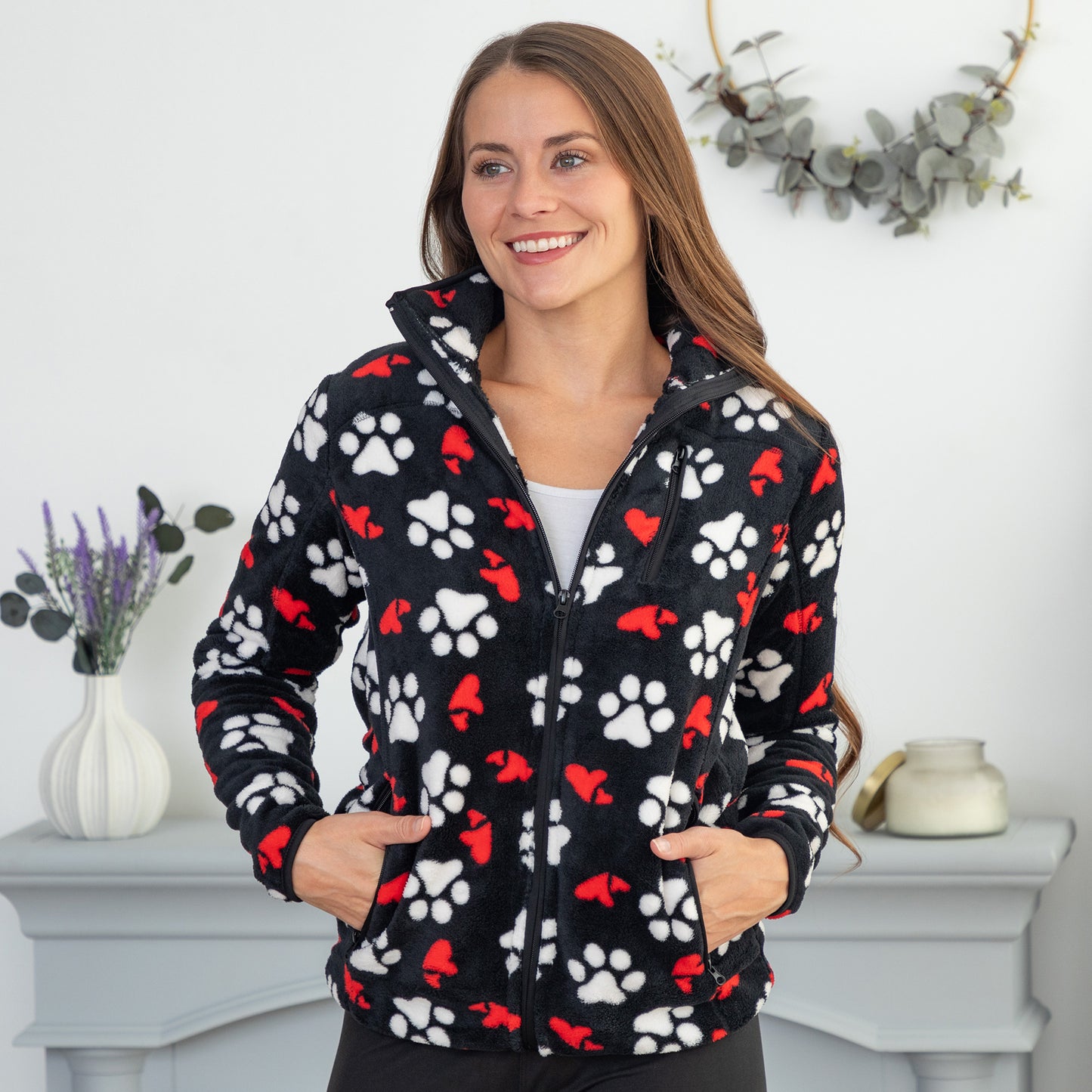 Printed Paws Fleece Trimmed Zippered Jacket