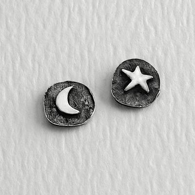 Round Moon And Star Sterling Silver Post Earrings