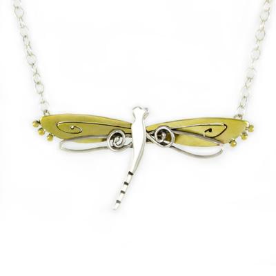 Swirling Dragonfly Sterling & Brass Necklace