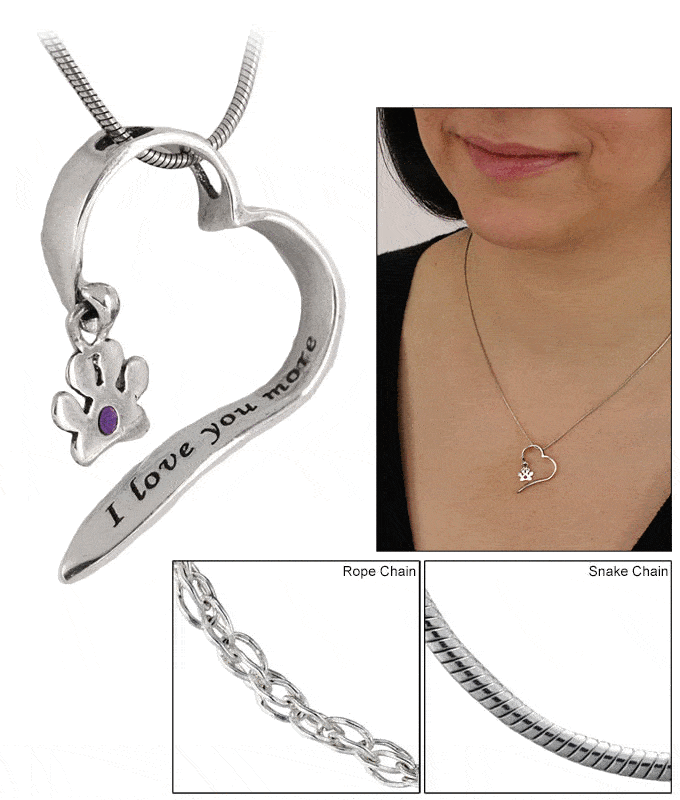 I Love You More Sterling Paw Print Heart Necklace