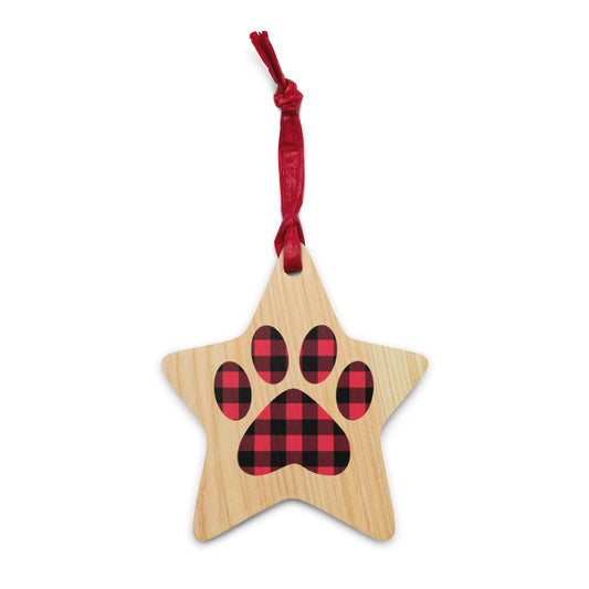 Gingham Paw Print Wooden Ornament