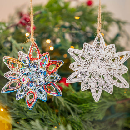 Recycled Magazine Snowflake Ornaments - Set of 2