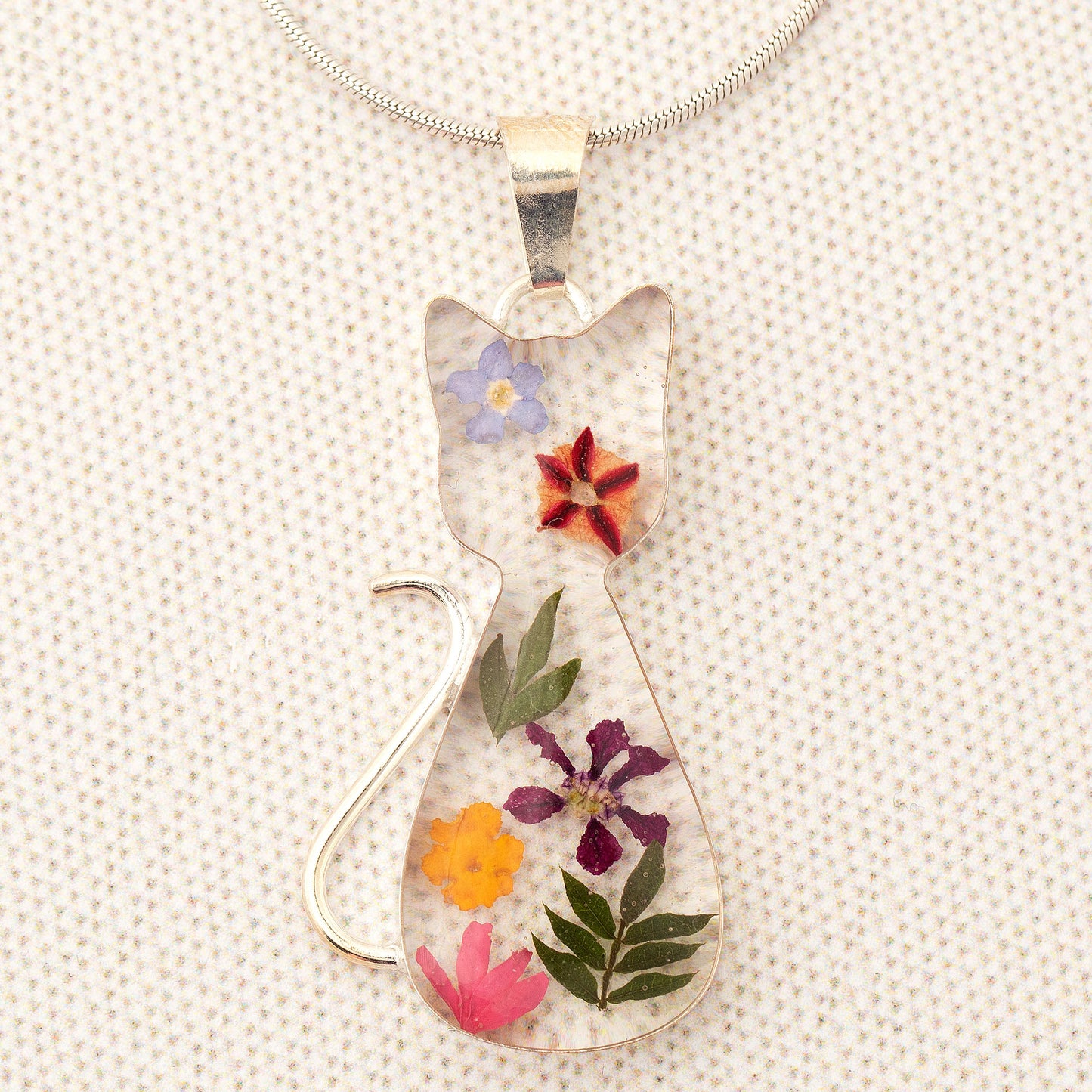 Real Flowers & Sterling Cat Necklace