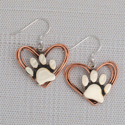 Wire Heart Mixed Metal Paw Print Earrings