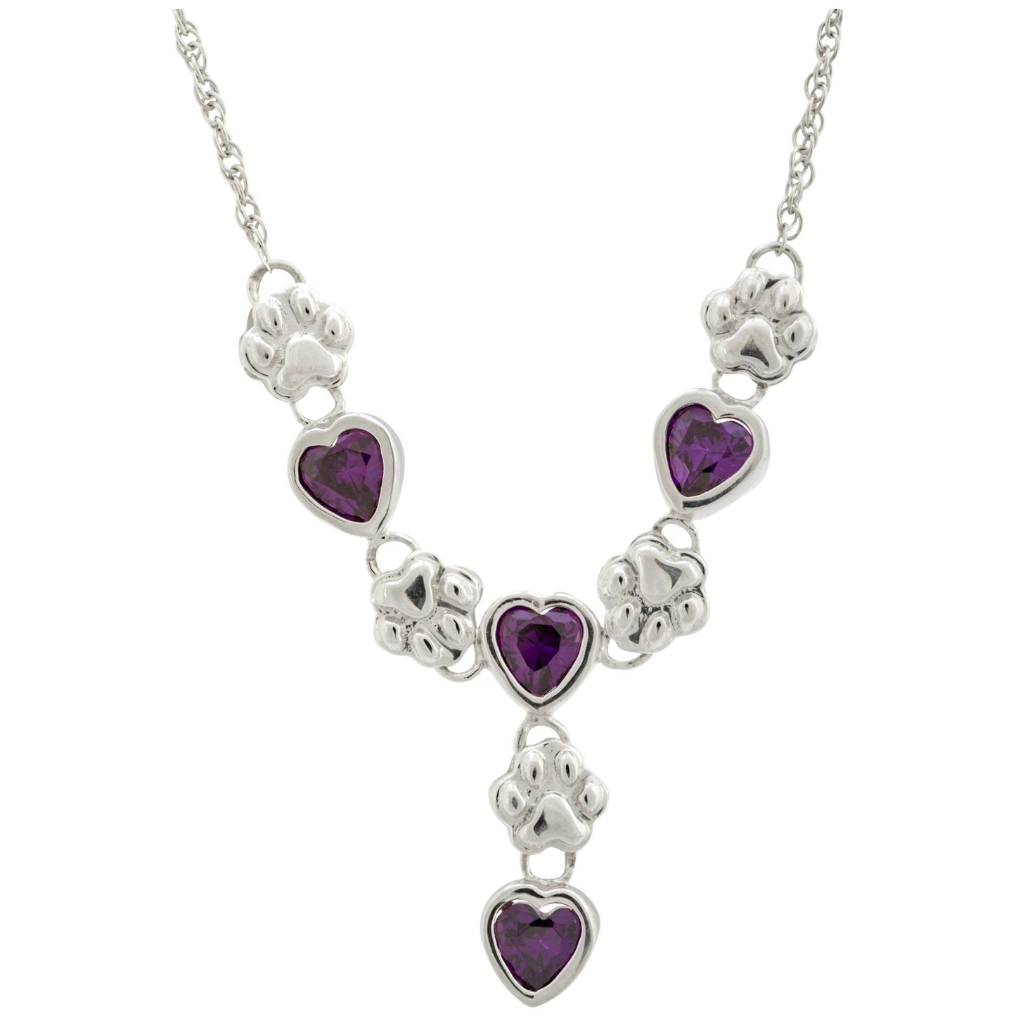 Amethyst Hearts & Paws Sterling Drop Necklace