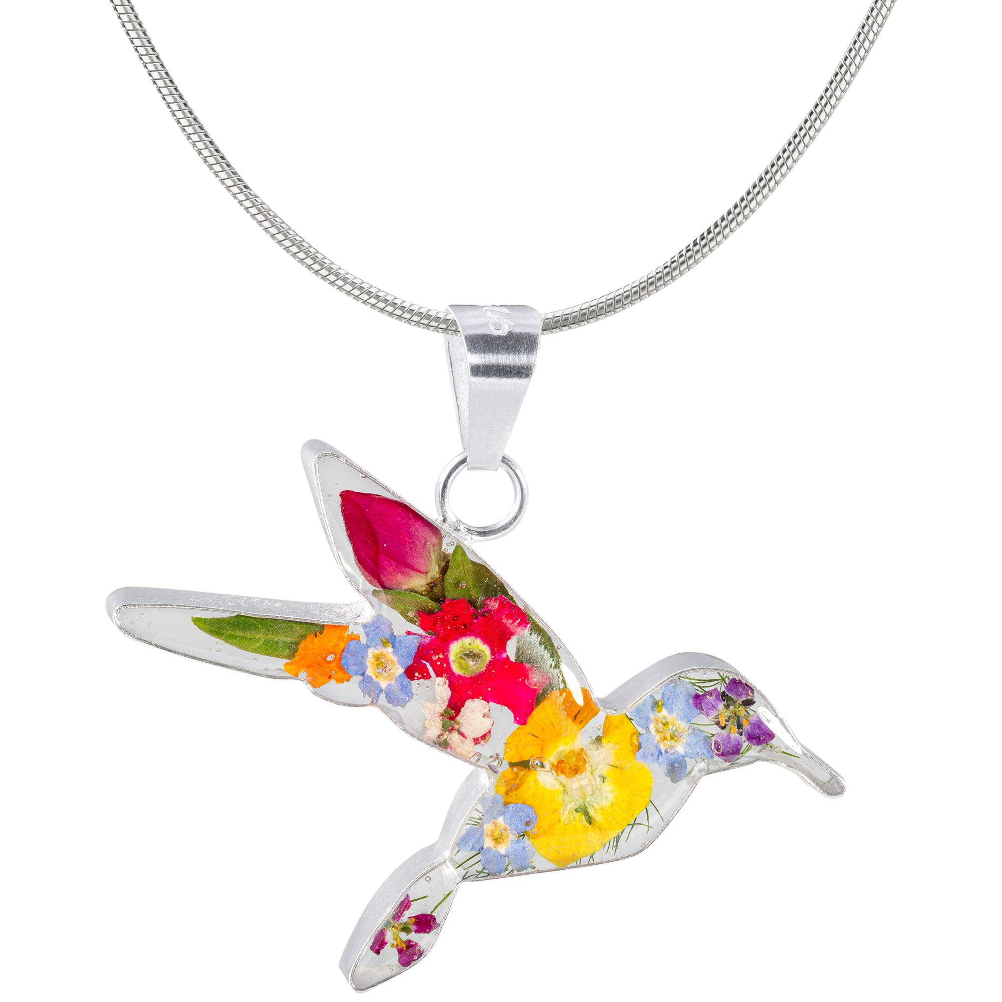 Real Flowers & Sterling Hummingbird Necklace