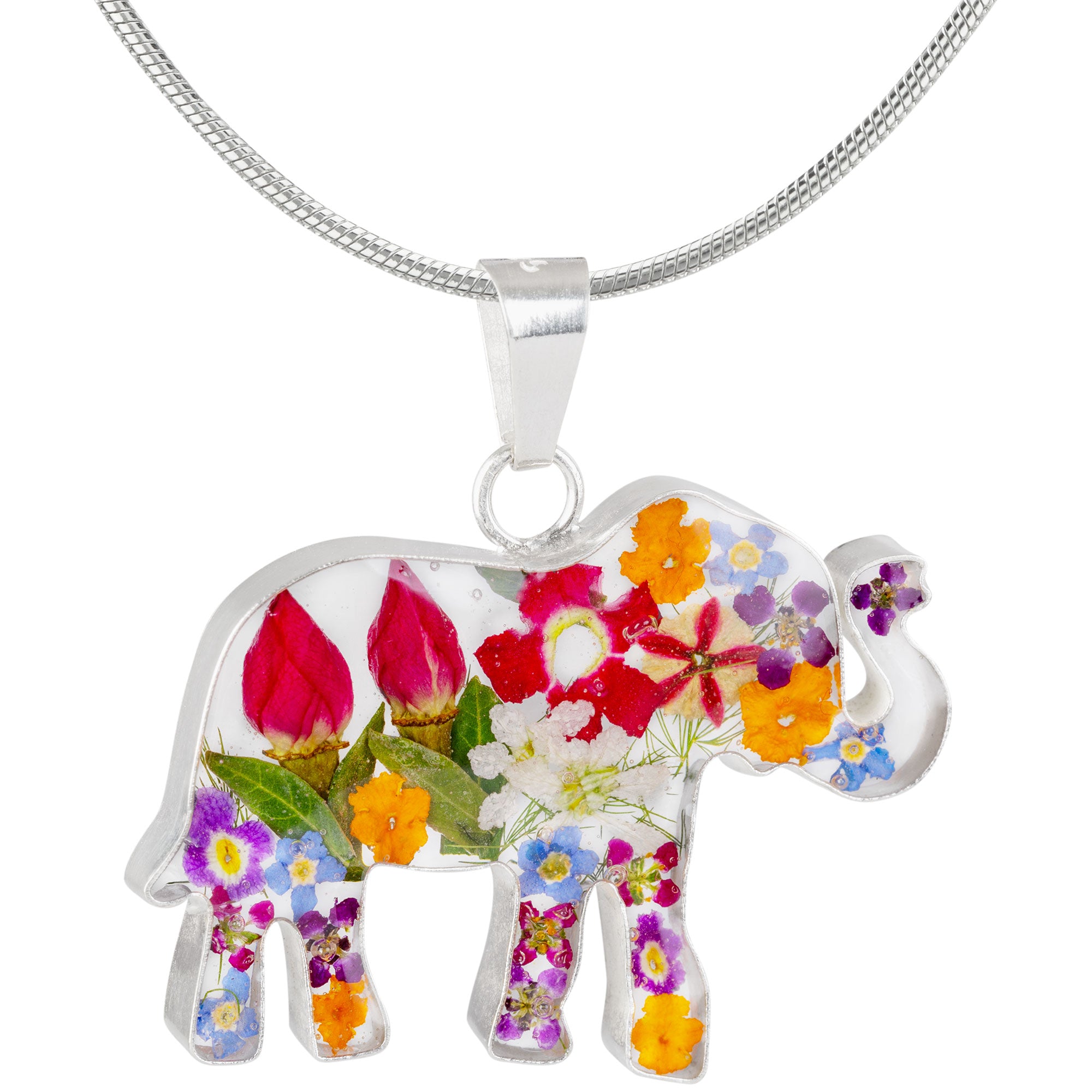 Real Flowers & Sterling Elephant Necklace
