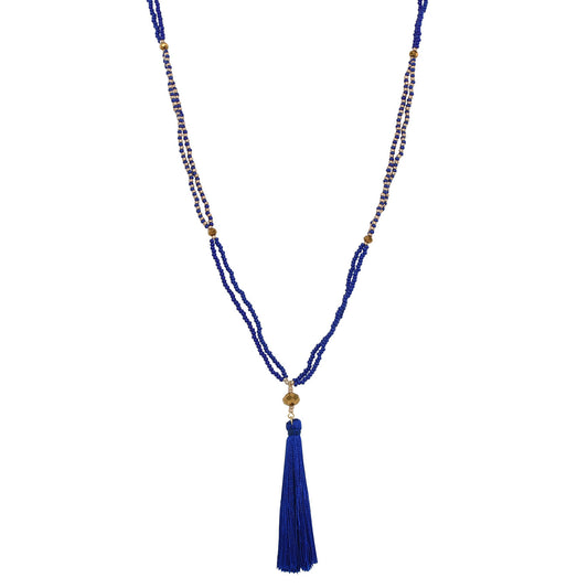 Endless Blue Czech Glass Beads & Silk Tassel Necklace