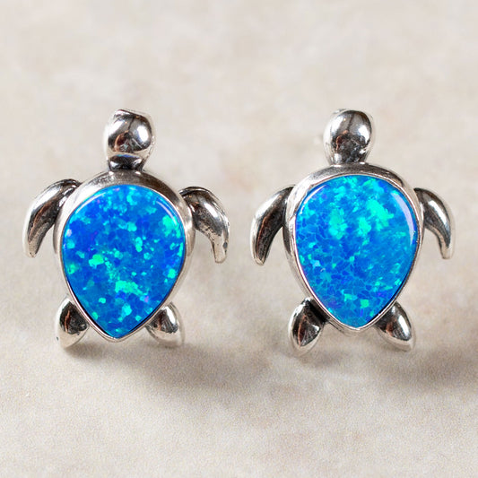 Sea Turtle Sterling & Opal Post Earrings