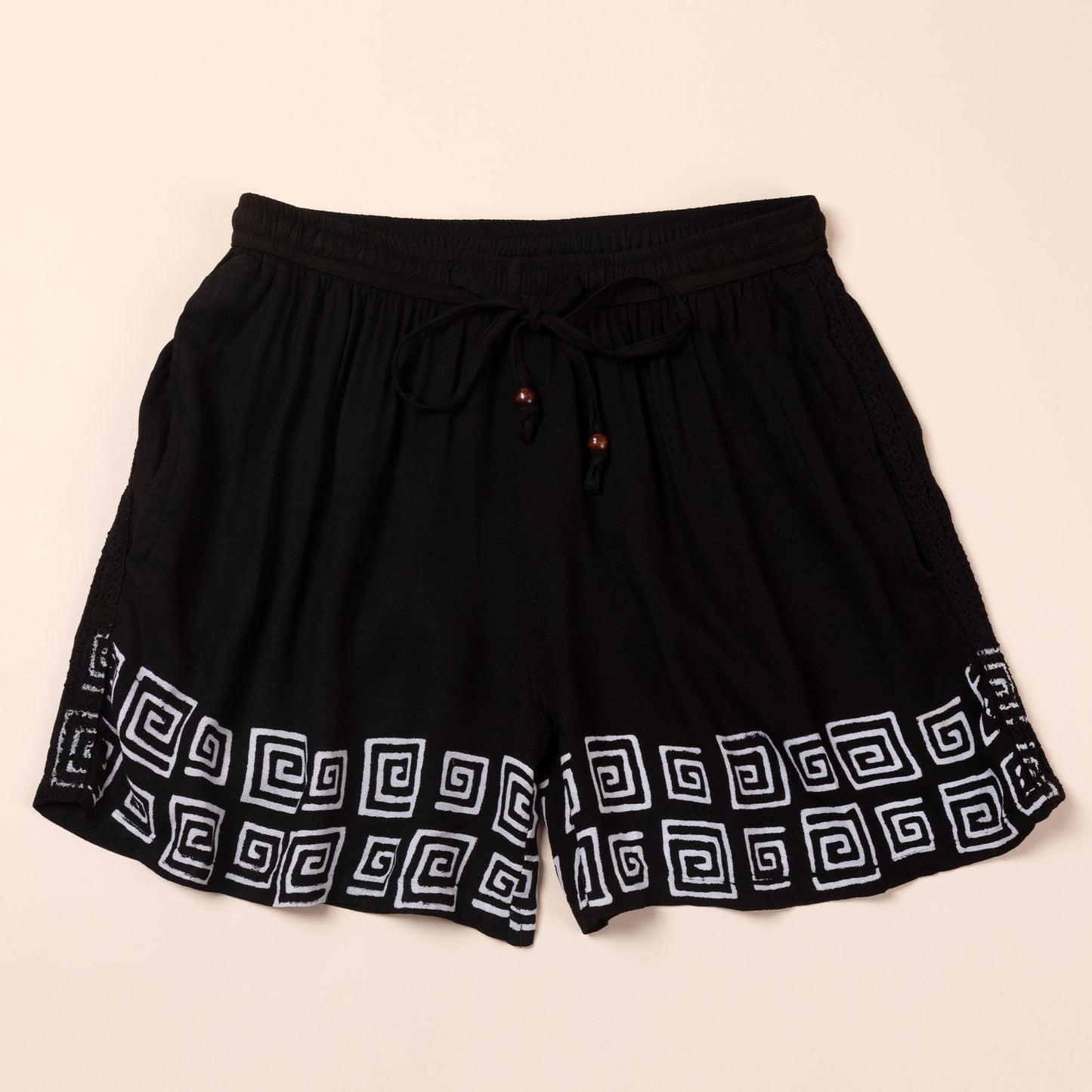 Black Geometric Hand Dyed Drawstring Shorts