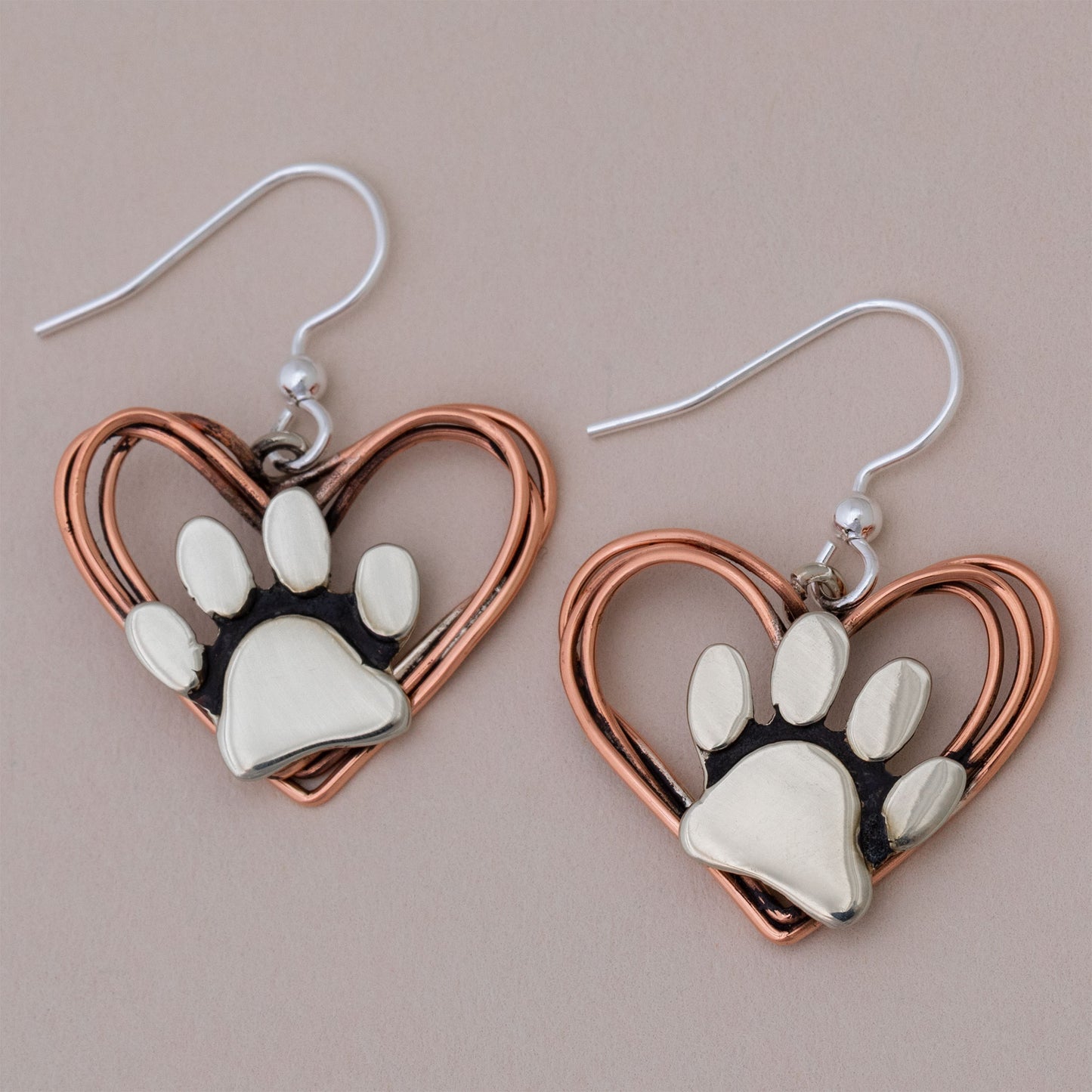 Wire Heart Mixed Metal Paw Print Earrings