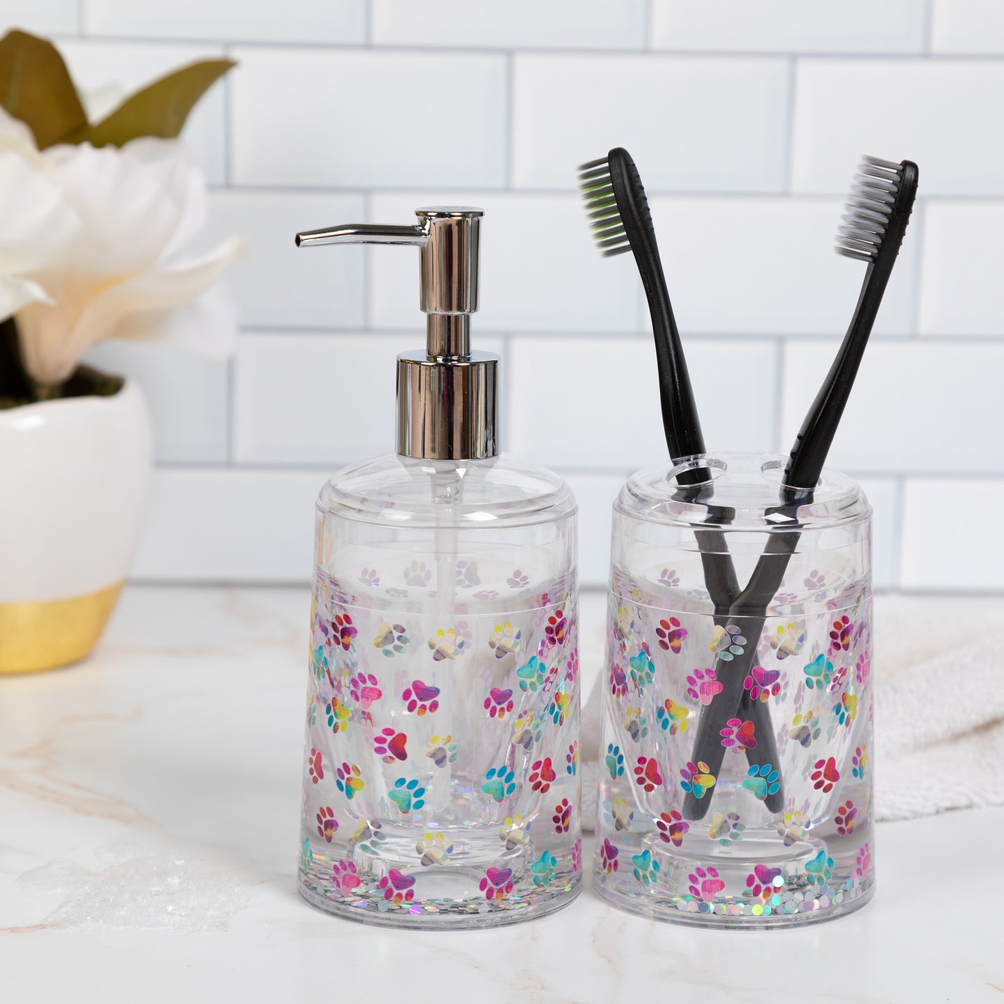 Paw Print Acrylic Soap Dispenser & Toothbrush Holder Set