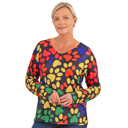 Colorful Paw Print Long Sleeve V-Neck Top