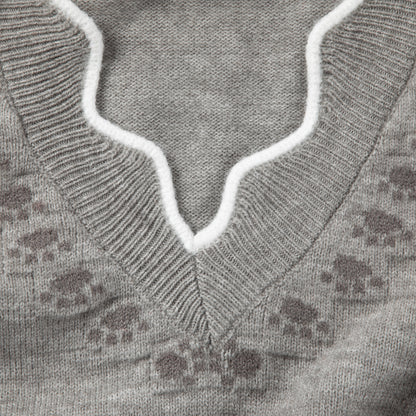 Paw Print Accent Trim V-Neck Sweater