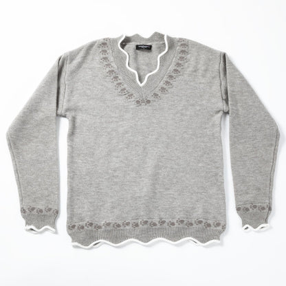 Paw Print Accent Trim V-Neck Sweater