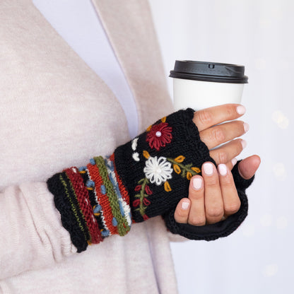 Hand Knit Floral Striped Fingerless Gloves