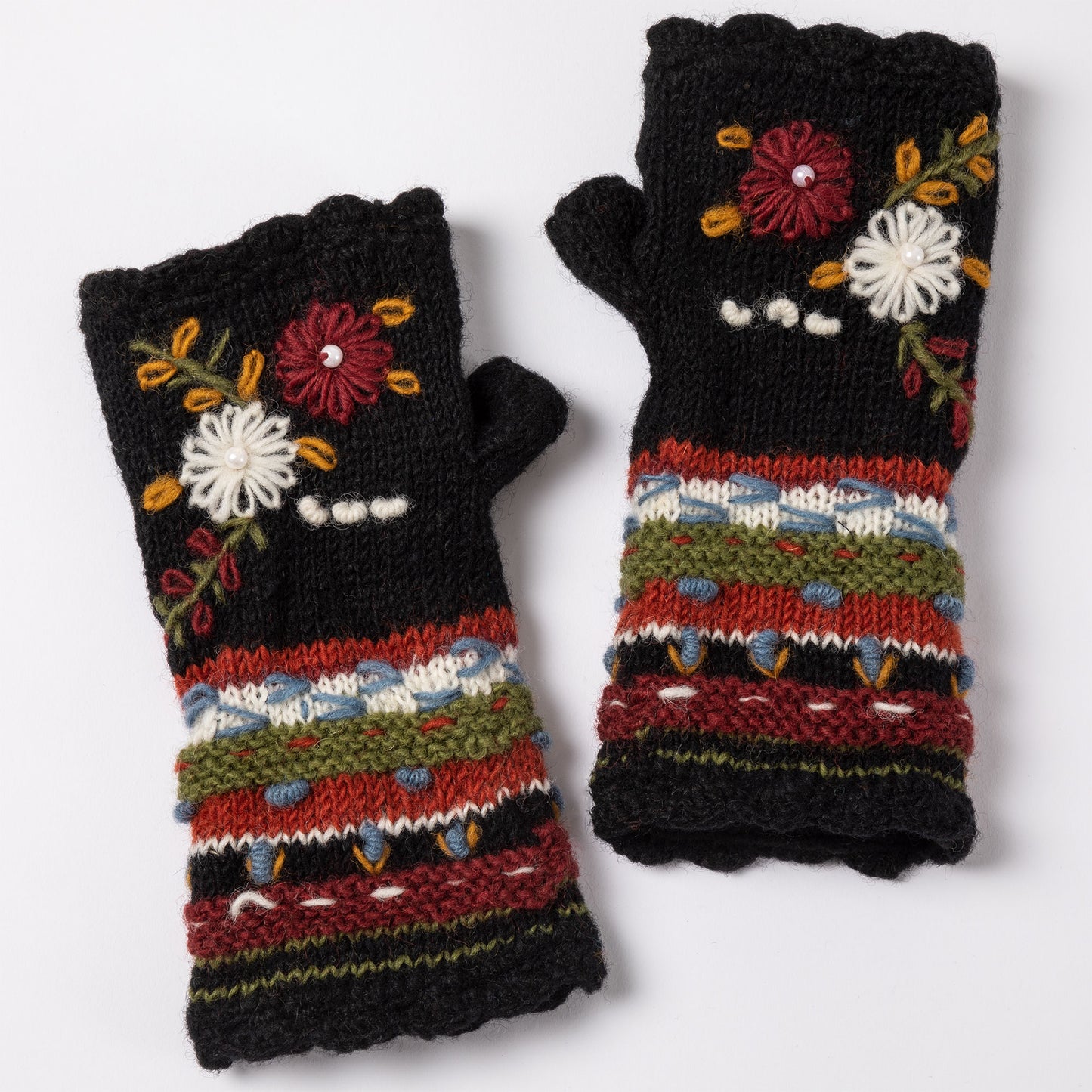 Hand Knit Floral Striped Fingerless Gloves