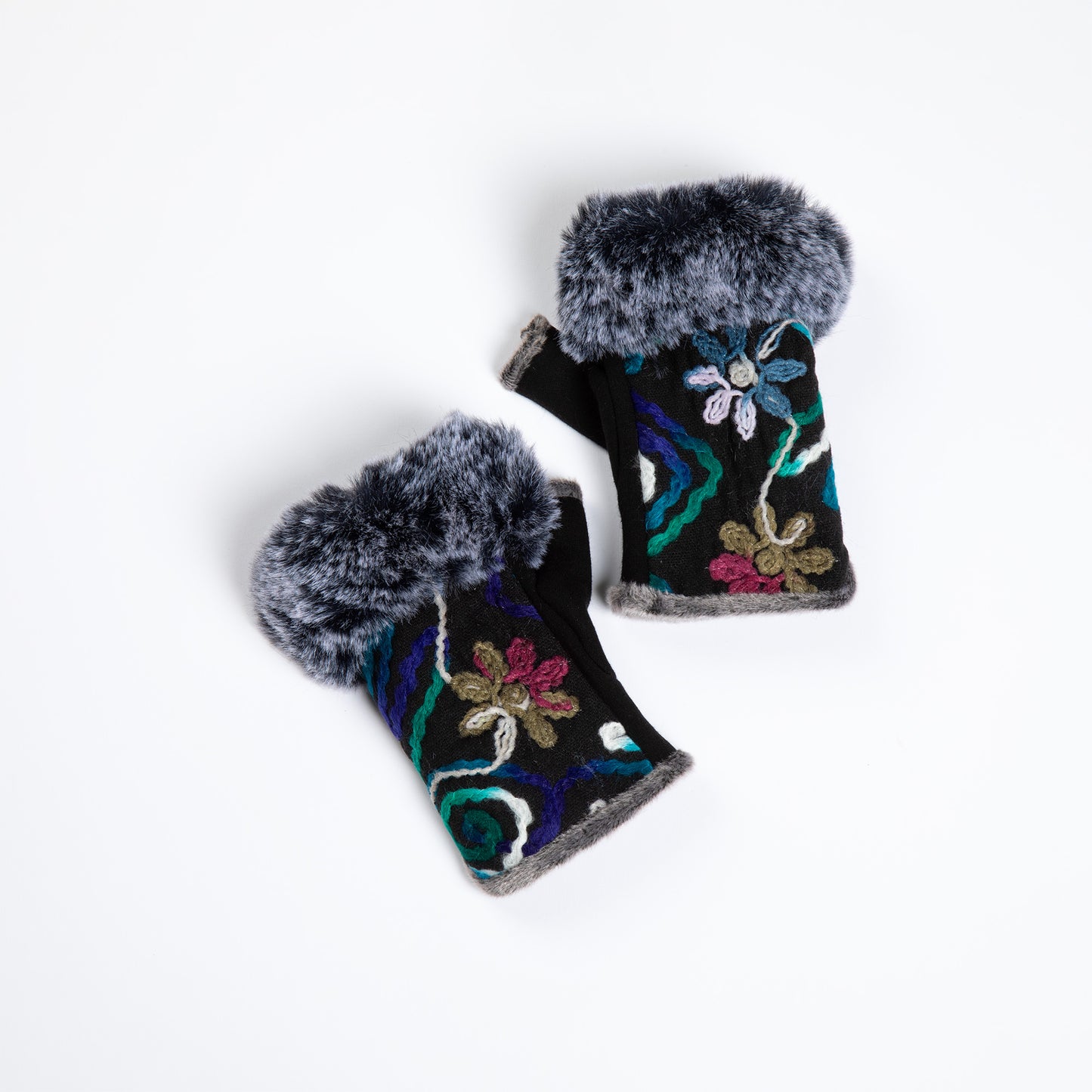 Faux Fur Embroidered Fingerless Gloves