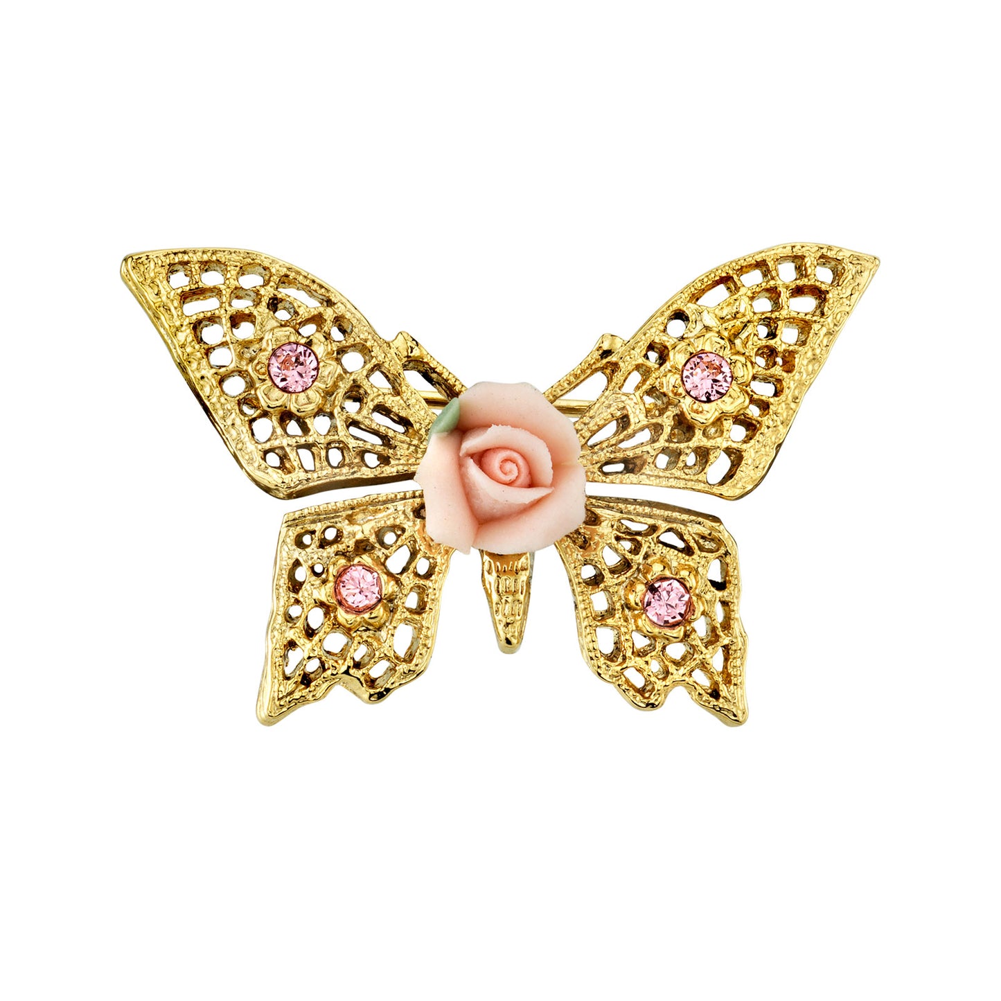 1928 Jewelry&reg; Gold-Tone Pink Crystal And Porcelain Rose Butterfly Brooch