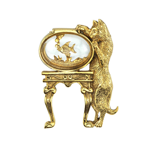 1928 Jewelry&reg; 14K Gold-Dipped Crystal Cat And Fish Bowl Pin