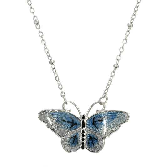 1928 Jewelry&reg; Silver-Tone Blue And Black Enamel Butterfly Necklace 16”Adj.