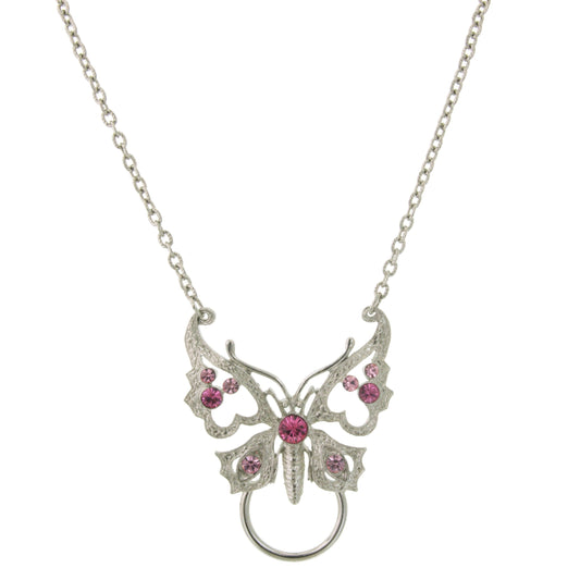 1928 Jewelry&reg; Silver With Pink Crystals Butterfly Badge/Eyeglass Holder Necklace 28