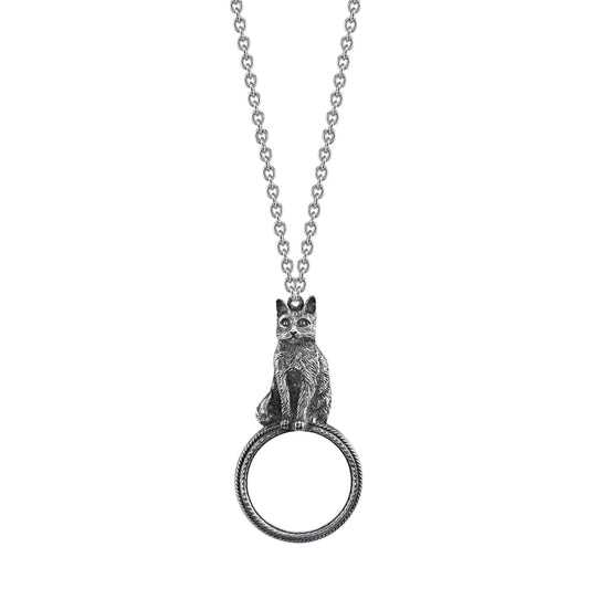 1928 Jewelry&reg; Pewter Cat Magnifying Glass Pendant Necklace 30In