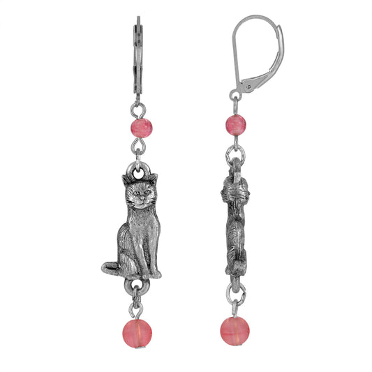 1928 Jewelry&reg; Silver Tone Pink Bead Cat Drop Earrings