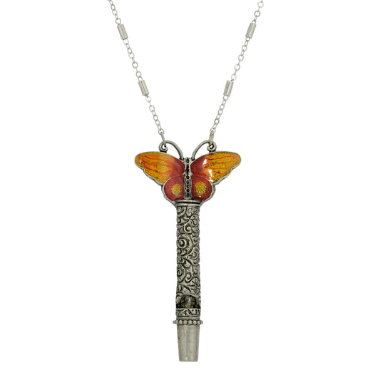 1928 Jewelry&reg; Pewter Whistle With Orange & Yellow Enamel Butterfly Necklace 30"