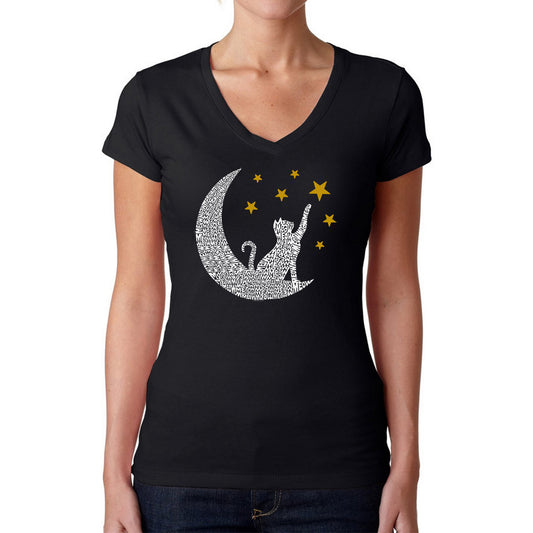 Cat Moon - Women's Word Art V-Neck T-Shirt