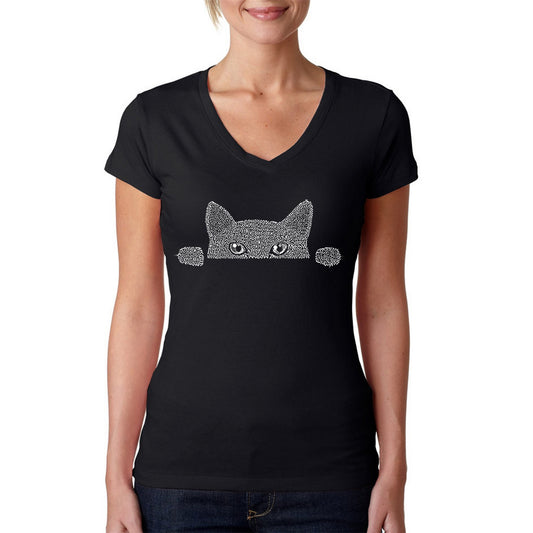 Peeking Cat  - Women's Word Art V-Neck T-Shirt
