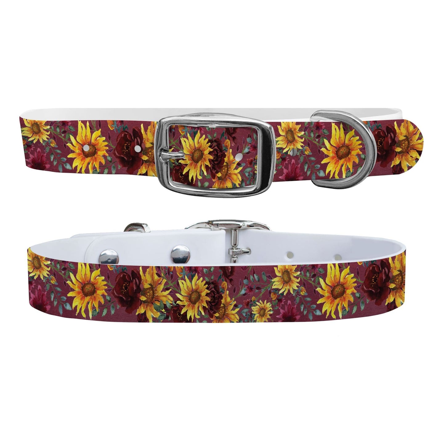 Merlot Sunflowers Dog Collar With Silver Buckle