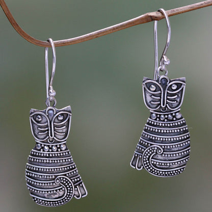 NOVICA - Silver 'Balinese Cat' Dangle Earrings
