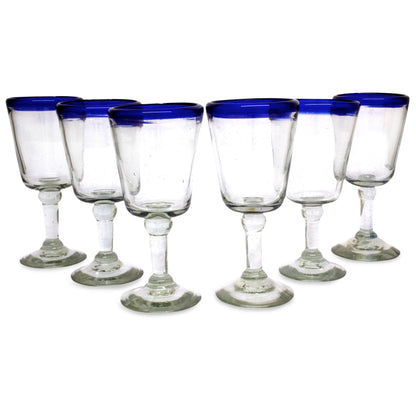 Chardonnay Hand Blown Wine Glasses Set of 6 Blue Rim Goblets Mexico