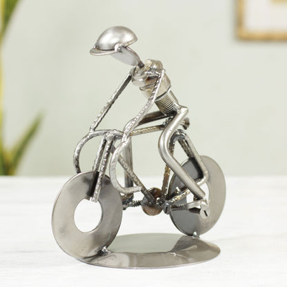 Rustic Cyclist Metallic Recycled Metal Sculpture