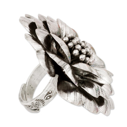 Queen Zinnia Silver Floral Cocktail Ring