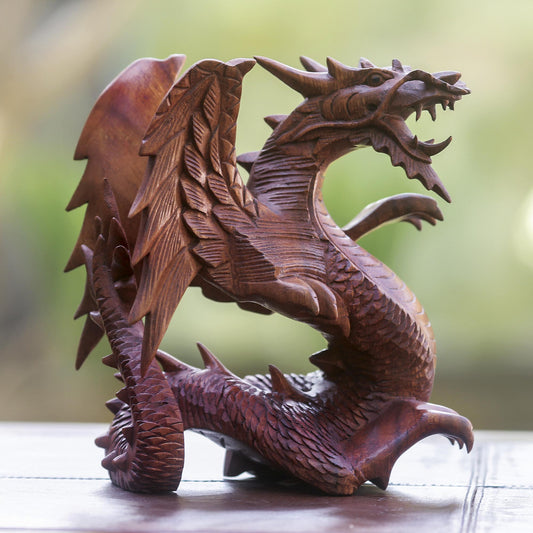 Winged Dragon Hand Carved Wood Dragon Sculpture