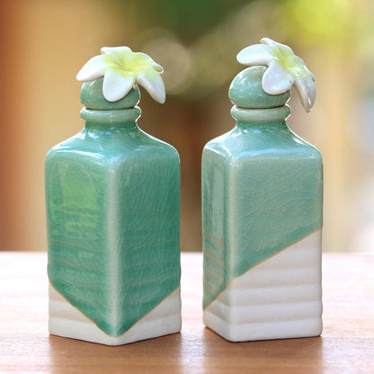 Frangipani Celadon Ceramic Green Floral Oil Bottles (Pair)