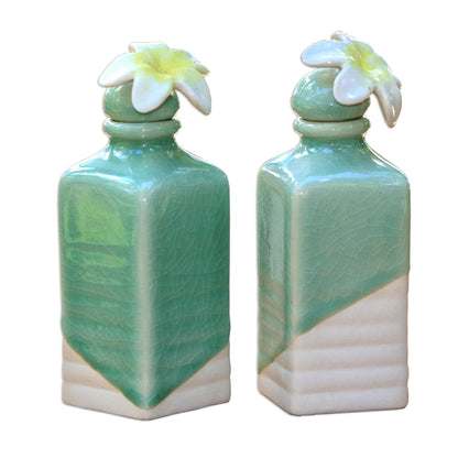 Frangipani Celadon Ceramic Green Floral Oil Bottles (Pair)