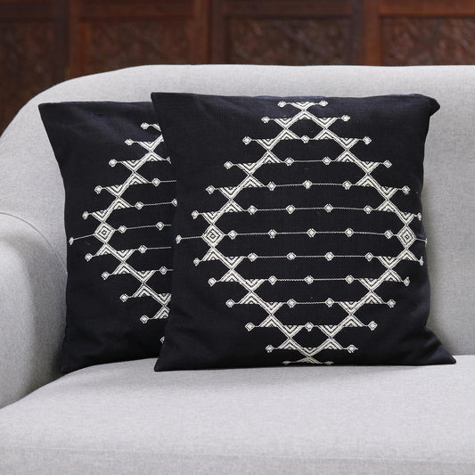 Starlit Galaxy Cotton Patterned Black and White Cushion Covers (Pair)
