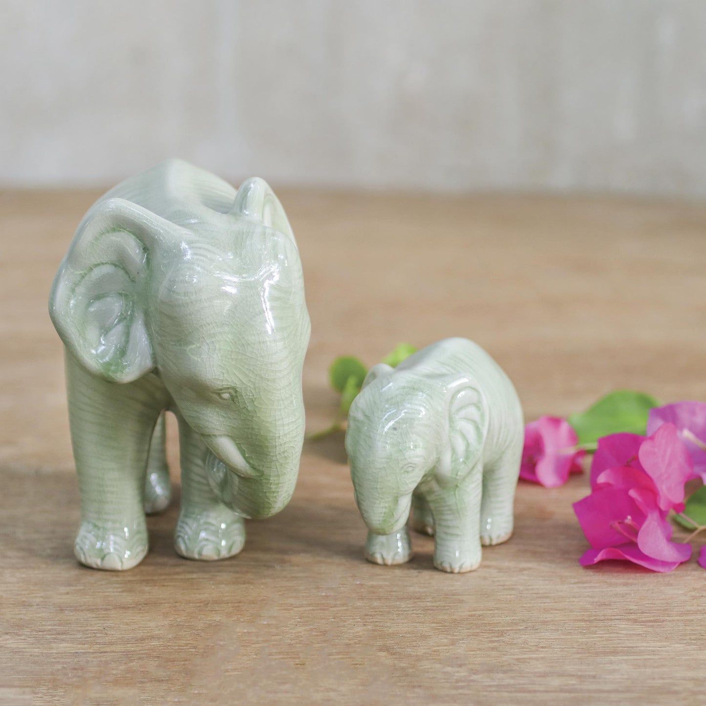 NOVICA - Mom & Baby Elephant Celadon Ceramic Statuettes